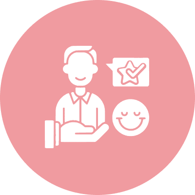 Icon with a person holding a hand out, a speech bubble with a checkmark, and a smiling face. Pink background.