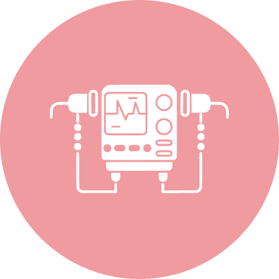 Icon of a heart monitor with a heart rate graph and connected electrodes on a pink background.