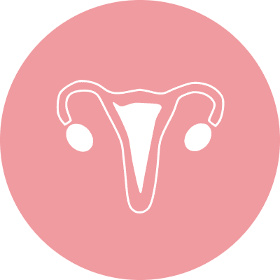 Icon of a uterus and ovaries in white on a pink circular background.
