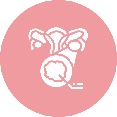 Illustration of female reproductive system with a highlighted uterus and a circular inset showing endometrial tissue growth.