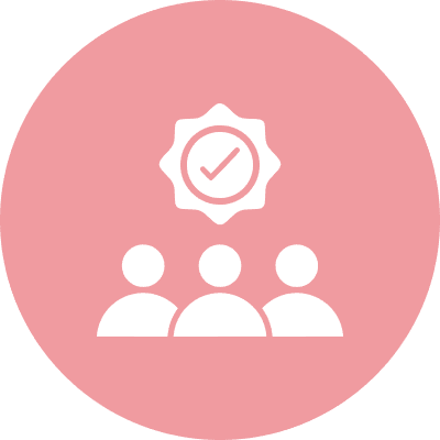 Icon with three people and a checkmark symbol above them inside a pink circle.